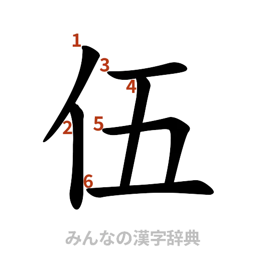 漢字「伍」の書き順と画数