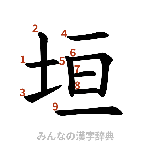 漢字「垣」の書き順と画数