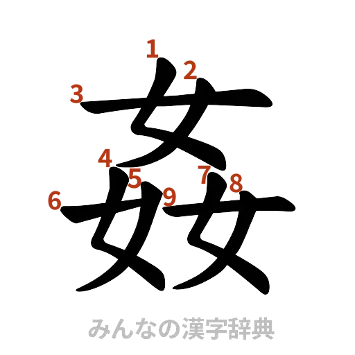漢字「姦」の書き順と画数