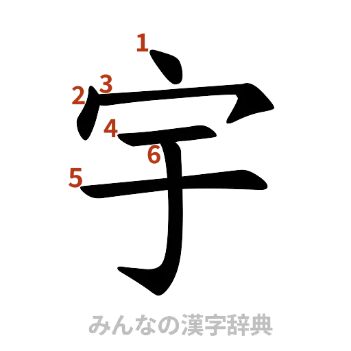 漢字「宇」の書き順と画数
