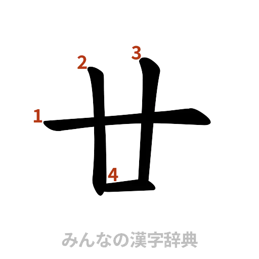 漢字「廿」の書き順と画数