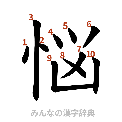 漢字「悩」の書き順と画数