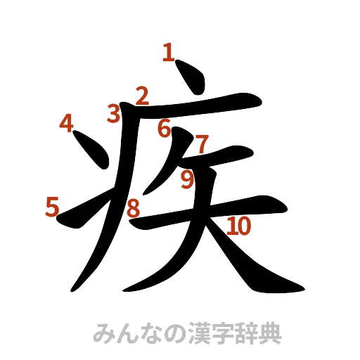 漢字「疾」の書き順と画数