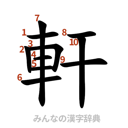 漢字「軒」の書き順と画数